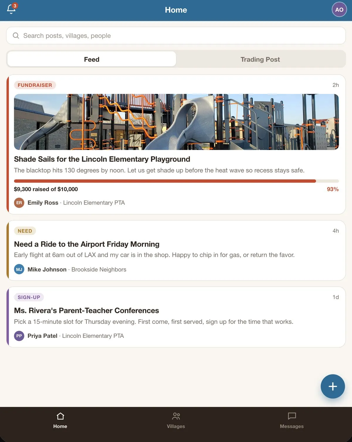 Ask Your Village home feed showing a school playground fundraiser, a ride request, and a parent-teacher conference sign-up