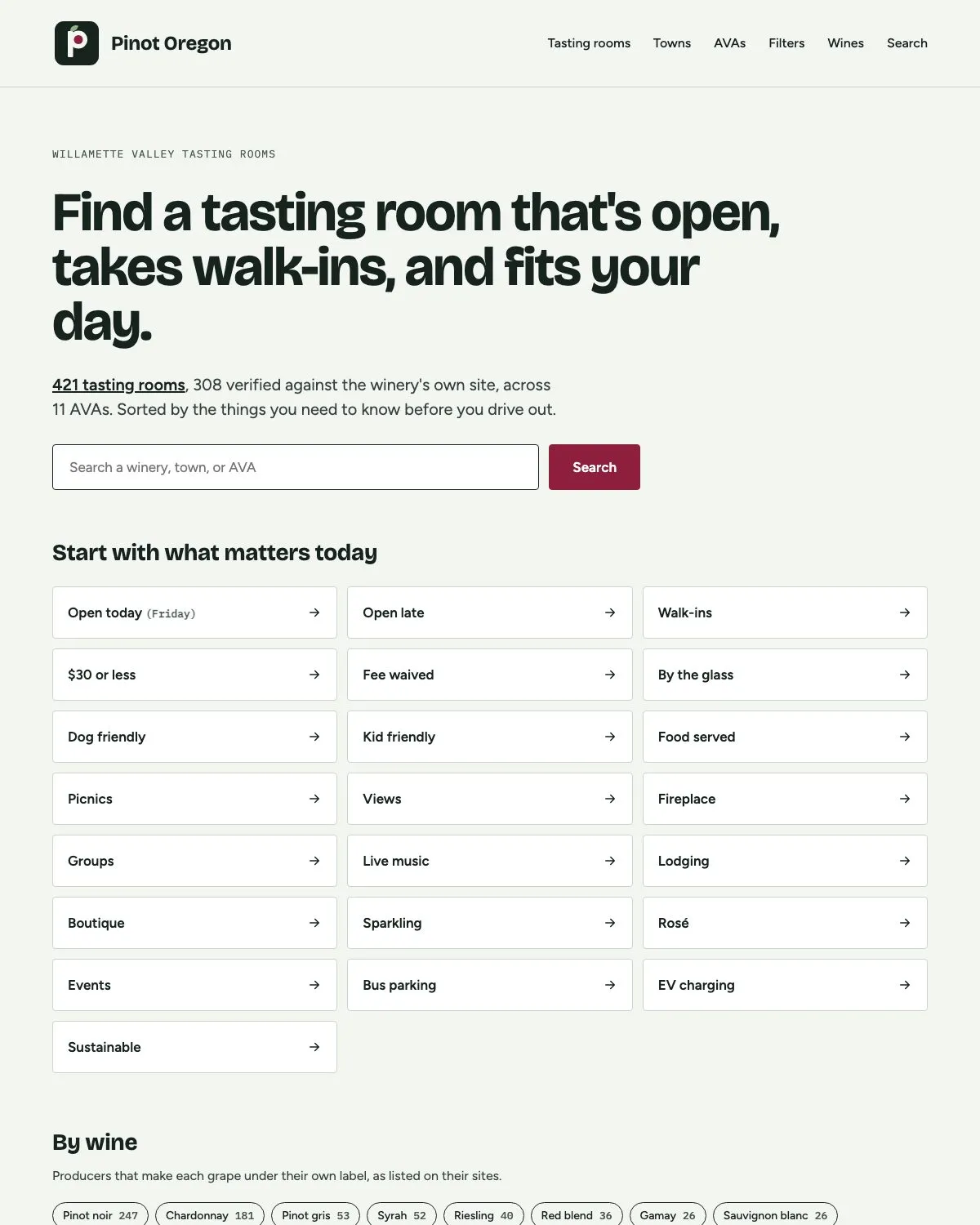 Pinot Oregon home page with a tasting room search box and filters such as open today, walk-ins, and dog friendly