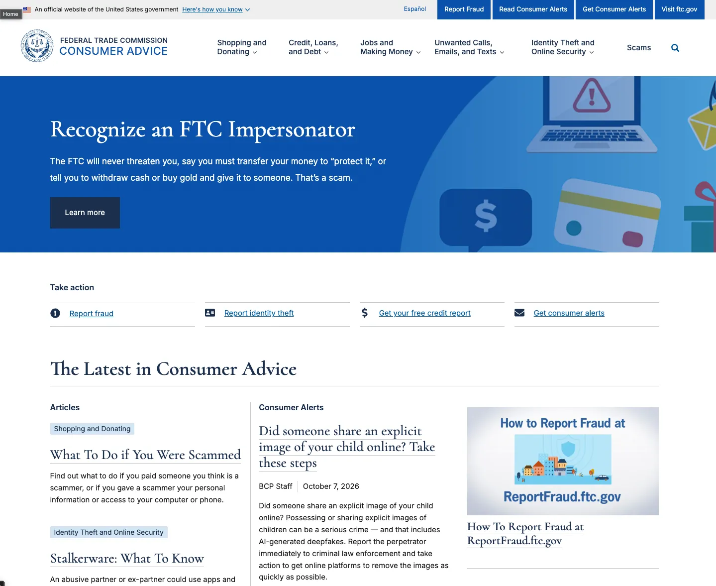 consumer.ftc.gov home page